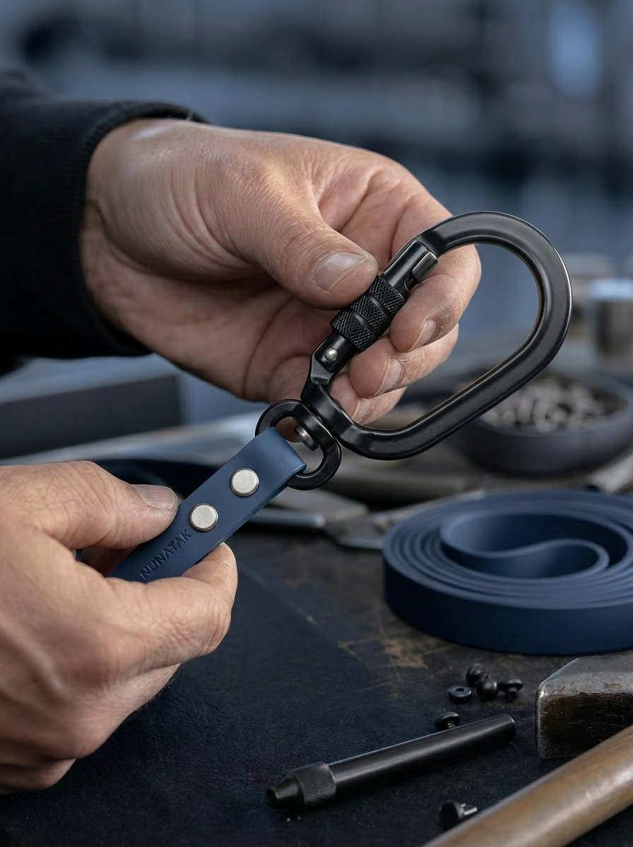 Hands assembling a BioThane leash with brushed metal carabiner