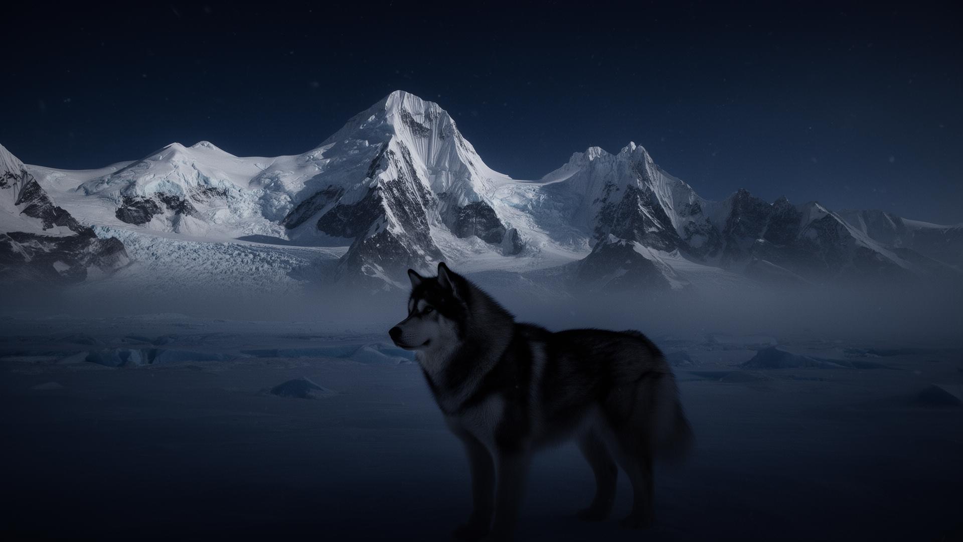 Alaskan Malamute standing in a frozen arctic mountain landscape