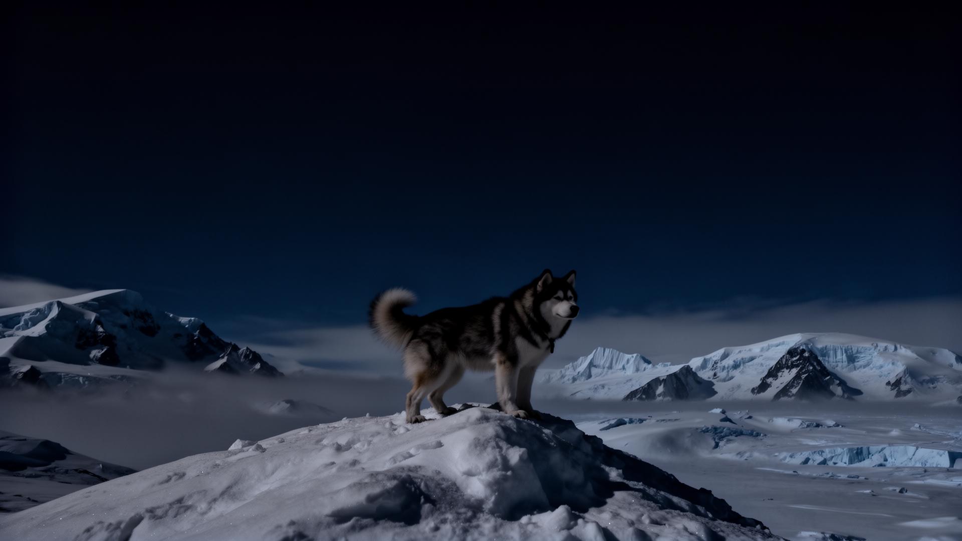 Silhouette of Malamute on a snowy ridge under a deep navy night sky
